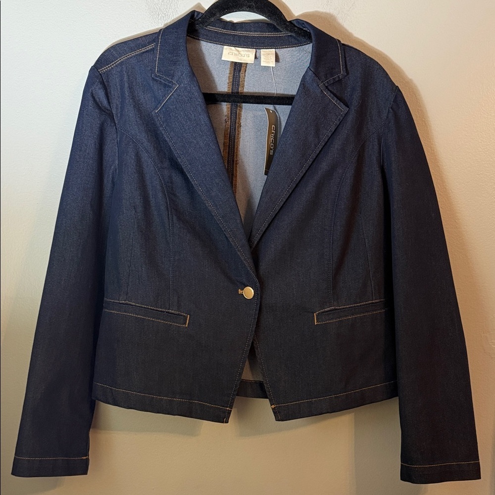 NWT Chico's Denim Blazer in Navy Cedar Rinse Long Sleeve Button Front Size Large - Picture 2 of 13